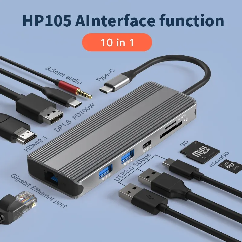 Blueendless 10-in-1-Anschlüsse Typ C-Adapter 4K 120 Hz 8K DP-Anschluss Typ C Datenübertragung USB3.0 TF SD-Lesegerät Kopfhörerbuchse