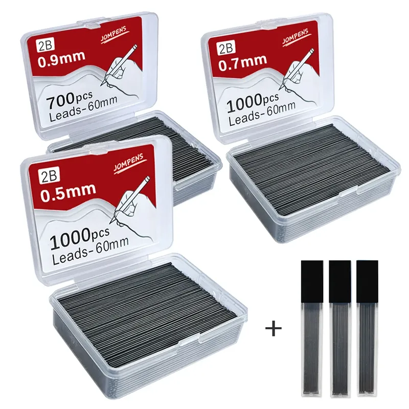 1000 Stück Druckbleistiftmine 0,5 0,7 0,9 mm 2B 60 mm Kunstzeichnung automatischer Bleistift austauschbare Minen mit 2 Tuben Briefpapier