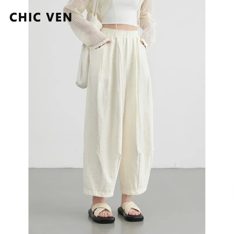CHIC VEN Frauen Weiße Hosen Feste Beiläufige Elastische Taille Hohe Taille Gefaltete Breite Bein Weibliche Hose Falten Sommer 2025, Kleidung