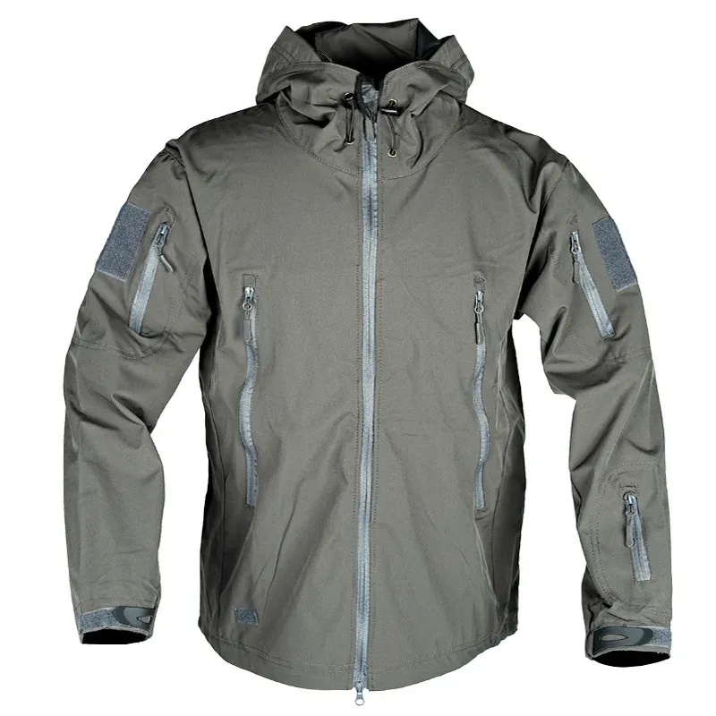Militärische taktische Jacken für Herren, durchgehender Reißverschluss, Haifischhaut, Softshell, taktische wasserdichte Windjacke, Outdoor-Wandern, Kapuzenmantel, S-4XL
