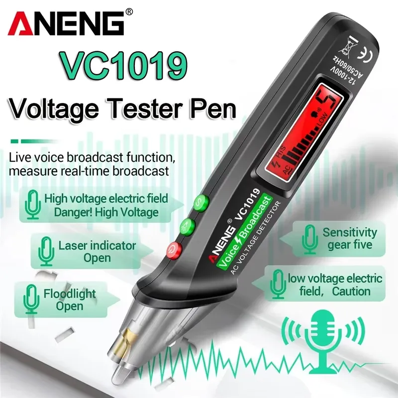ANENG VC1019 Berührungsloser Spannungsprüferstift, Sprachübertragung, roter Laser, Erkennung von 12–1000 V, Volt-Stromstift, elektrische Testmessgeräte