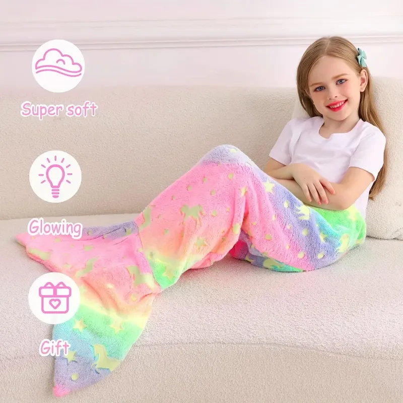 Cartoon Regenbogen Einhorn Meerjungfrau Schwanz Decke Super Weiche Glow in The Dark Flanell Meerjungfrau Schwanz Decke Geschenke für Mädchen
