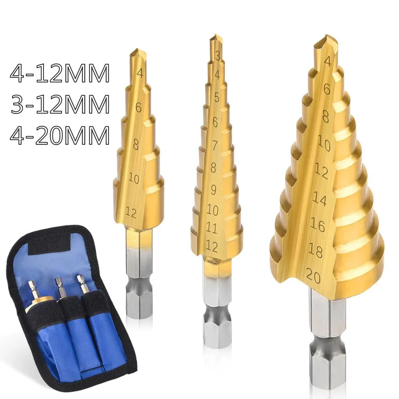 HSS-Stahl, Titanbeschichtete Stufenbohrer, 3–12 mm, 4–12 mm, 4–20 mm, Stufenkegel-Schneidwerkzeuge, Stahl, Holz, Metall, Bohren, Strom-Set