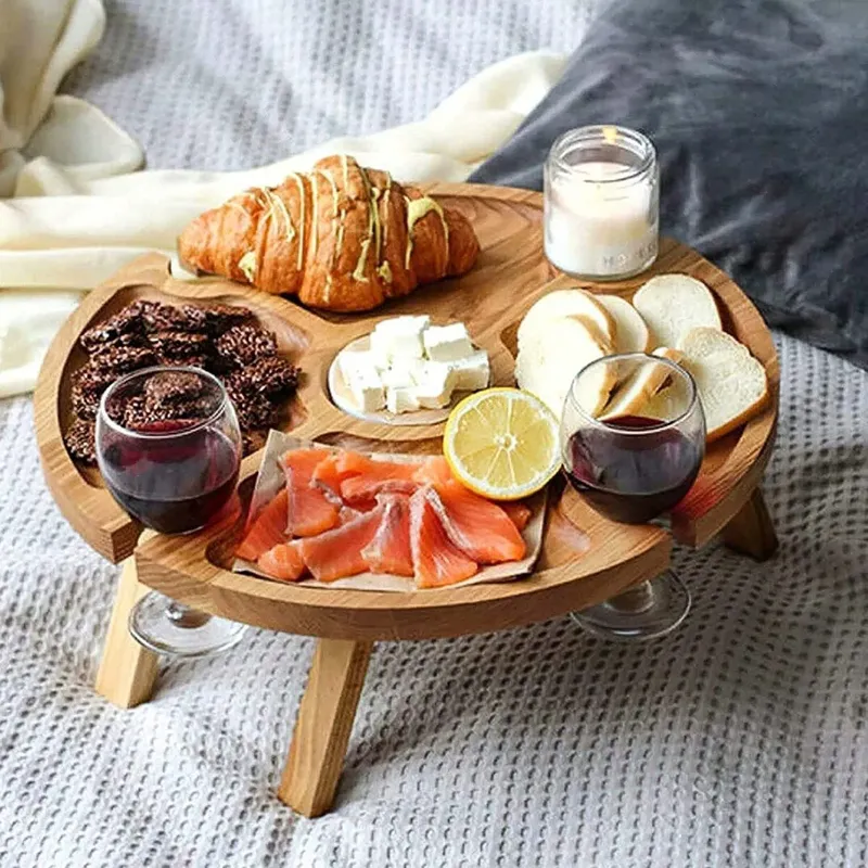 Klappbarer Picknicktisch aus Holz für den Außenbereich, mit Glashalter, 2-in-1, runder Schreibtisch, Weinglasregal, zusammenklappbarer Tisch für Gartenparty