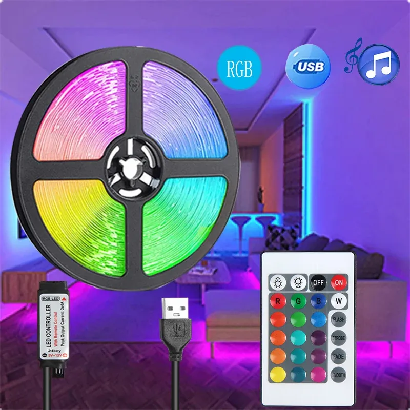 5VLED Streifen Licht1-5M RGB mit USB 24Key Infrarot Fernbedienung für Farbwechsel Helligkeit SMD Geeignet für Urlaubsdekoration