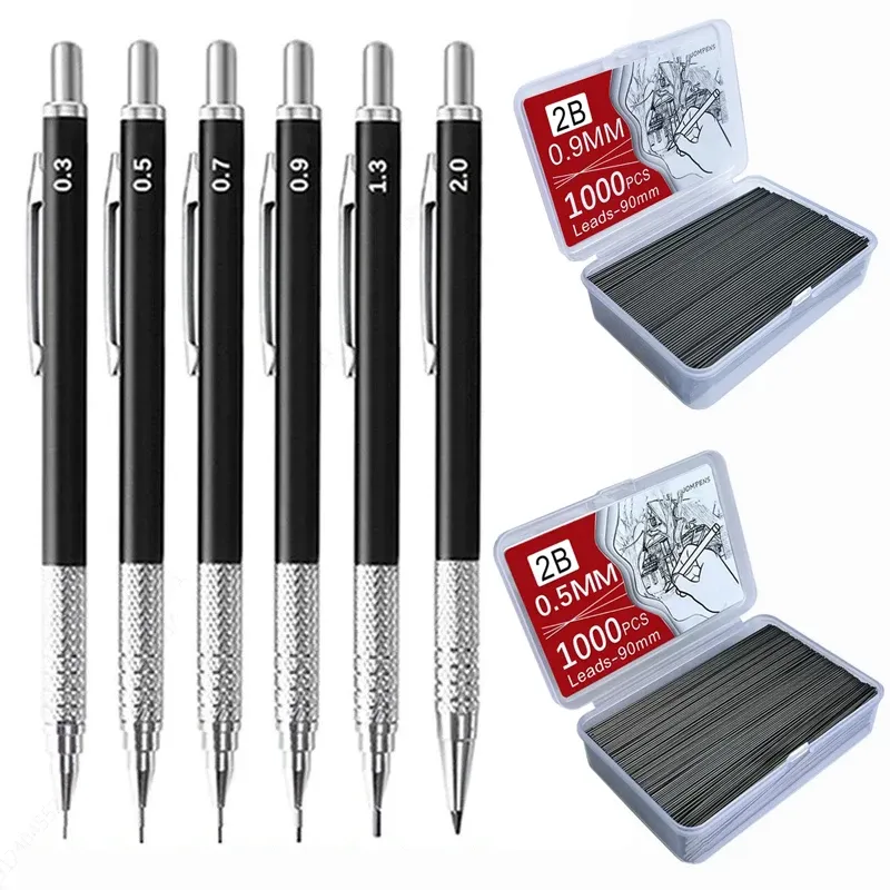 Metall-Druckbleistift, großes Fassungsvermögen, Minen-Set, 0,3, 0,5, 0,7, 0,9 2,0, Druckbleistifte zum Schreiben, Zeichnen, Skizzieren