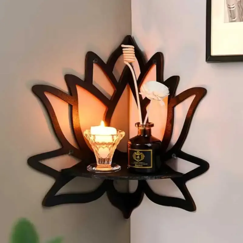 Hölzernes Lotus Hohl dekoratives Regal Aromatherapie Organizer ätherisches Öl Kerzenhalter Wandregal Eckregal