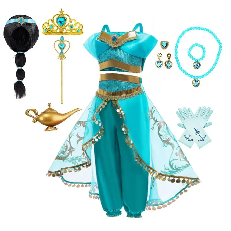 Arabischer Stil Prinzessin Kostüm Kinder Disney Jasmine Cosplay Mädchen Zauberlampe Geschichte Rollenspiel Performance Bekleidung Halloween Kleid