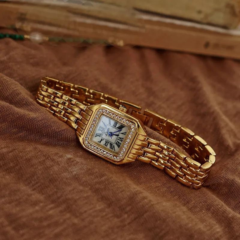 1 Stück neue, goldfarbene, wasserdichte Damenuhr mit quadratischem Zifferblatt und eingelegtem Strassstein, eleganter und schlichter Stil, Uhr für Damen