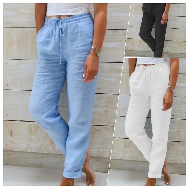 Baumwolle Leinen Sommer Hosen für Frauen Hohe Taille Elastische Casual Hosen Streetwear Feste Weibliche Kleidung 2024 Lose Bleistift Hosen