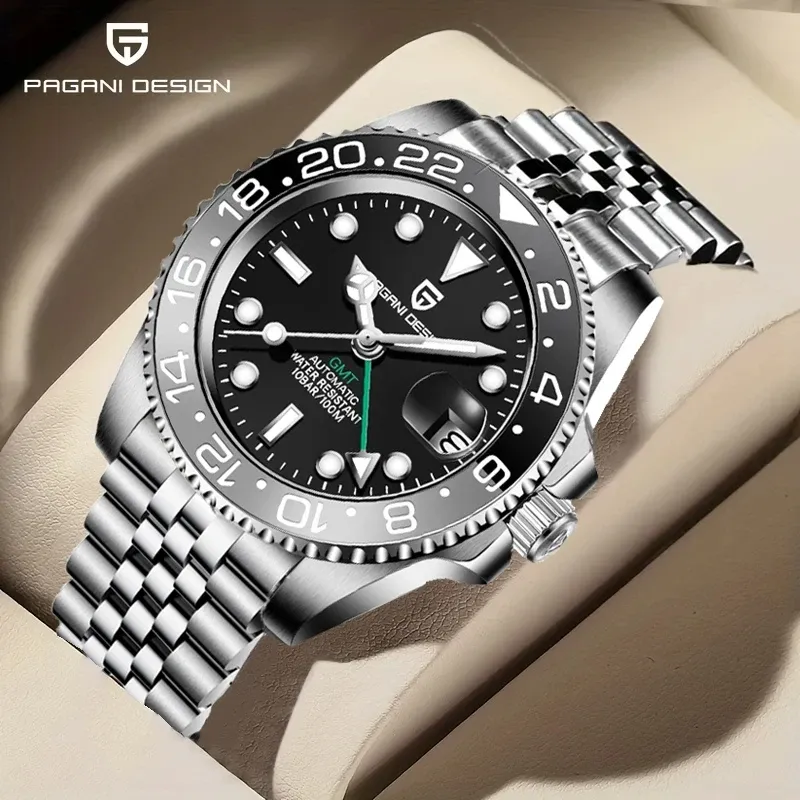 PAGANI DESIGN 2025 40 mm GMT mechanische Armbanduhr Saphir-Keramik-Lünette Automatikuhr Edelstahl 100 m wasserdichte Uhr