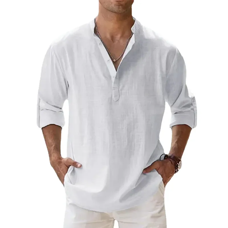 Baumwolle Leinen Heißer Verkauf männer Kurzarm Shirts Sommer Einfarbig Henley Kragen Casual Strand Stil Hawaiian Urlaub