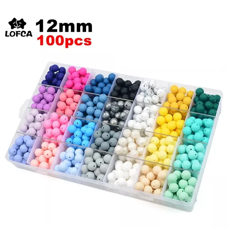 LOFCA 12 mm 100 Stück Silikonperlen, runder Beißring, Baby-Still-Halskette, Schnullerclip, Mundpflege, BPA-frei, Lebensmittelqualität, bunt