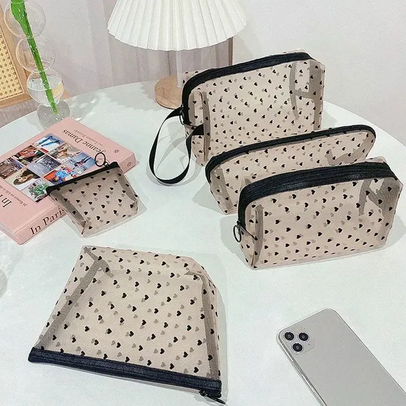 Herz Transparent Mesh Make-Up Tasche Multifunktions Tragbare Frauen Kosmetische Lagerung Tasche Damen Kulturbeutel Lippenstift Organizer Taschen