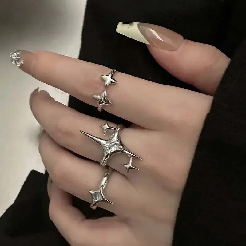 Vintage Unregelmäßige Kreuz Stern Offenen Ring für Frauen Männer Punk Gothic Silber Farbe Einstellbar Paar Ringe Y2K Egirl Schmuck Geschenk
