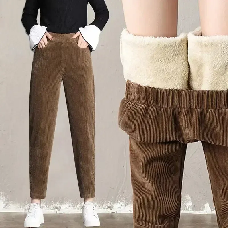 Frauen Cord Warme Hosen Dicke Plüsch Casual Hosen Herbst Winter Leggings Hohe Taille Harem Hosen Hosen