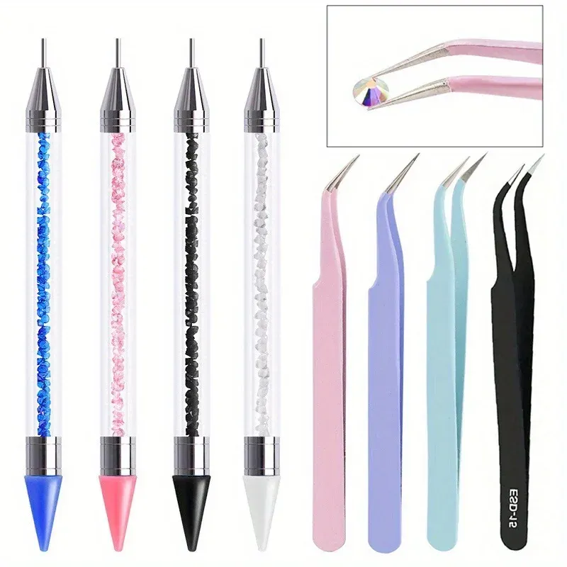 2-teiliges Set mit doppelseitigen Maniküre-Diamantstiften und Buntstiften, Pinzette aus Edelstahl, Nagelkunst, Pfropfen von Wimpern, Maniküre-Werkzeuge