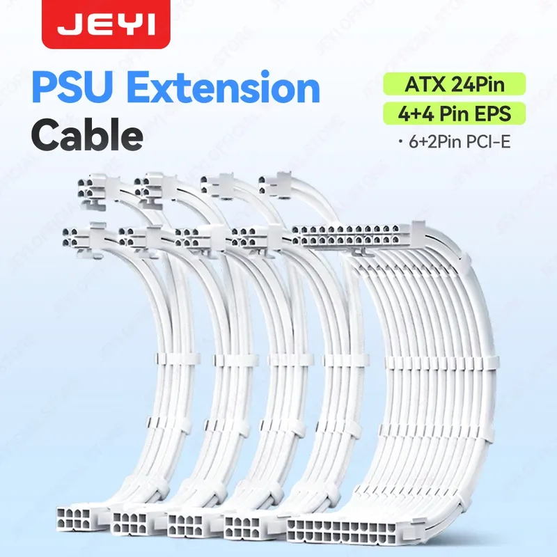JEYI Netzteil-Verlängerungskabel-Set – 24-poliges ATX + 8-poliges EPS + 6 + 2-poliges PCIe, 18 AWG ummantelt mit Kämmen, passend für universelle Gehäusekompatibilität