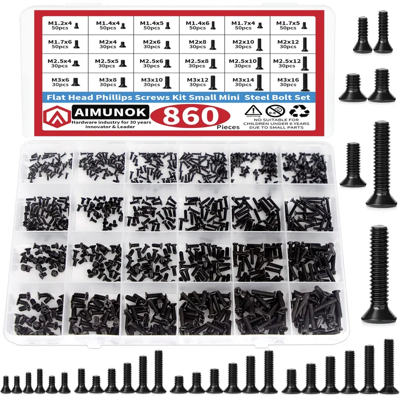 860-teiliges Sortiment an kleinen Computerschrauben, schwarze kleine Brillenschrauben M1,2 M1,4 M1,7 M2 M2,5 M3, PC- und Laptop-SSD-Festplatte C