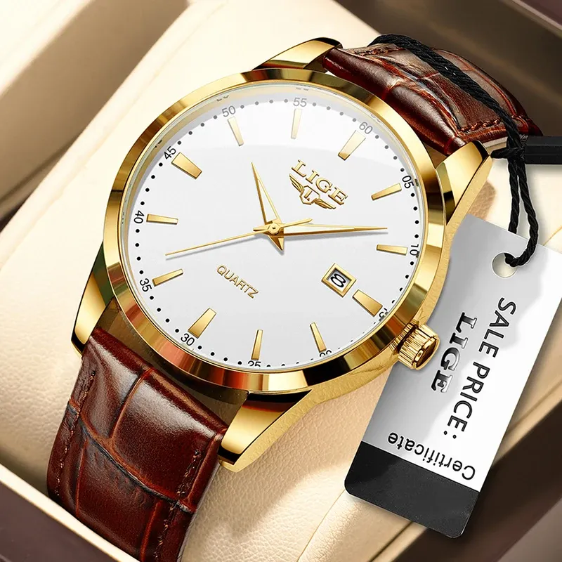 LIGE Mode Braun Leder Uhr Männer Militär Sport männer Quarz Armbanduhren Casual Wasserdichte Chronograph Relogios Masculino