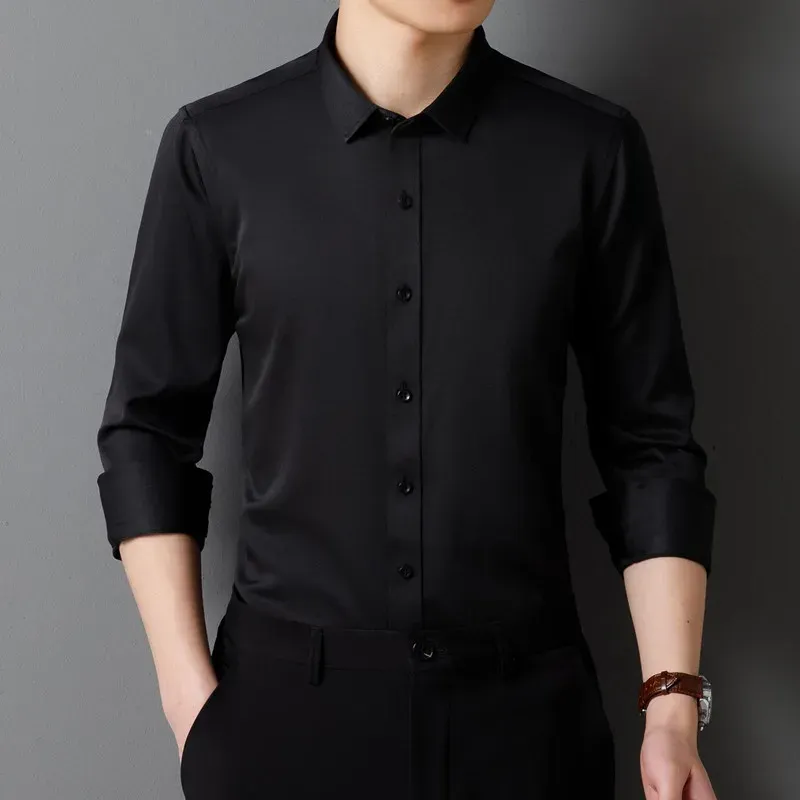 Herren-Langarmhemd, klassisch, einfarbig, weich, bequeme Passform, Business, formell, gesellschaftlich, ohne Taschen, Rot, Schwarz, Weiß, 4XL, 5XL
