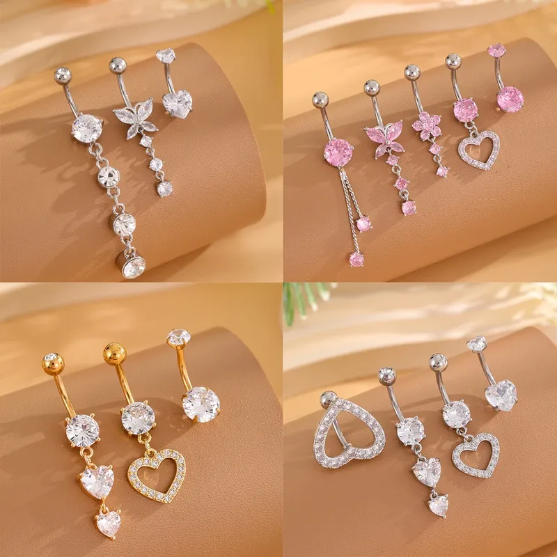 3-5 Stück gemischte Stil-Sets Herz Blume baumeln Bauchnabelringe Edelstahl Schmetterling gebogen Zirkon Bauchnabelpiercing Nabelring