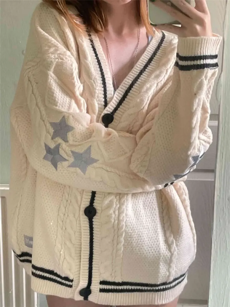 Vintage Stickerei Stern Lose Pullover für Frauen Langarm Einreiher Oversize Strickjacken Taylor Langarm Top