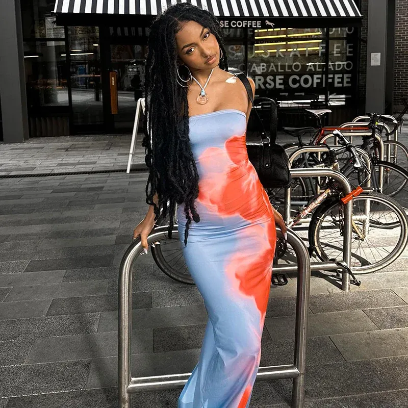 Sexy trägerloses Print Tube Maxikleid Frauen schulterfrei rückenfrei Stretch langes Sommerkleid Sommer Strand Y2K Kleidung
