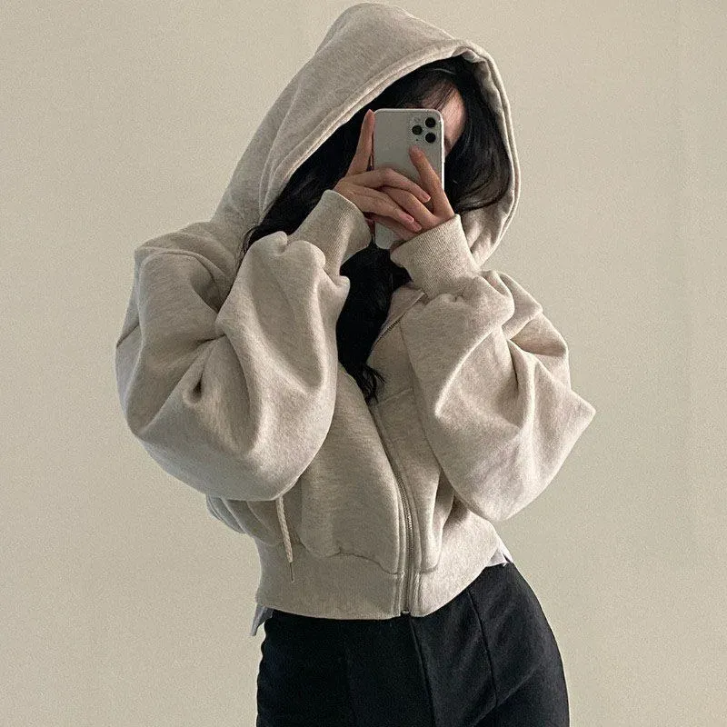 Koreanische Kapuze Hemd Frauen Mode Fleece Gefüttert Lose Hoodies Zipper Langarm Crop Tops Harajuku Weibliche Jacken Mäntel Sweatshirt