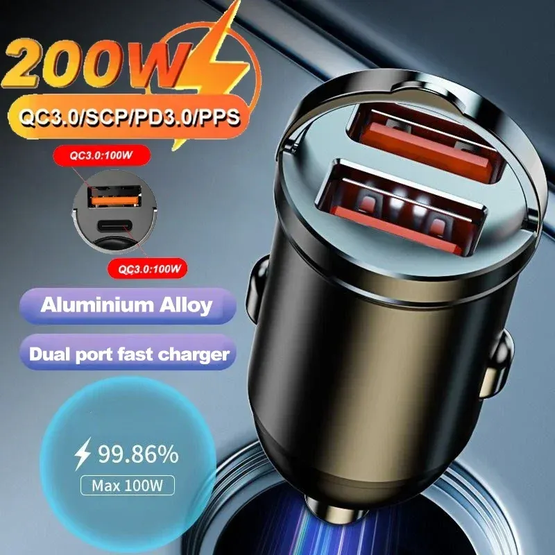 Auto 200W Dual Port Mini USB Ladegerät Ultra Schnelle Lade Zigarette Leichter Buchse 12-24V Aluminium handy Lade Adapter