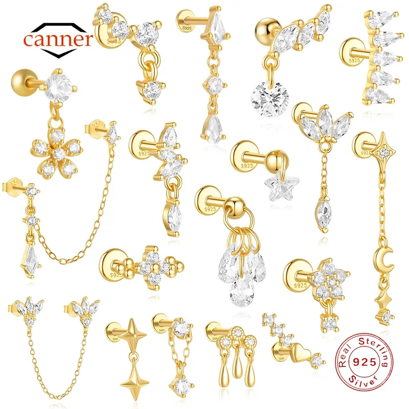 CANNER 1 STÜCK Vierzackiger Stern Mond Quaste Lotus Knorpel Spirale Punktion 925 Sterling Silber Ohrstecker Für Frauen Ins Ohrring
