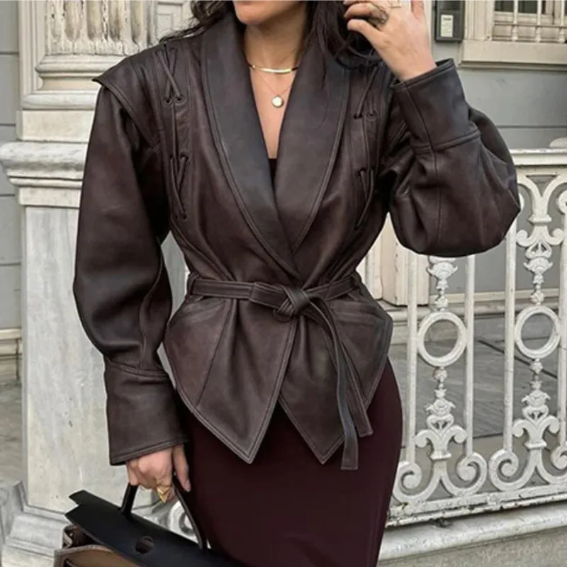Suninheart Herbst- und Winter-Kunstlederjacken für Damen 2025, übergroße Jacke mit fallender Schulter, Mantel, Korsettjacke mit Gürtel