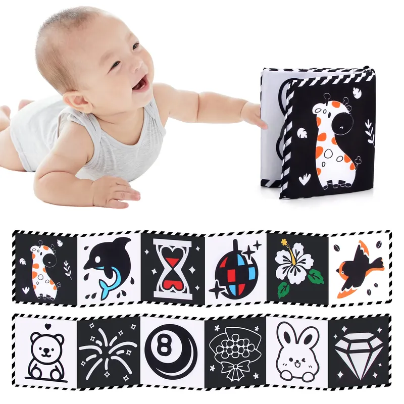 Baby Tuch Buch Hohe Kontrast Baby Spielzeug 0-36 Monate Neugeborenen Krippe Spielzeug Schwarz und Weiß Tier Sensorischen Tuch bücher Montessori Spielzeug