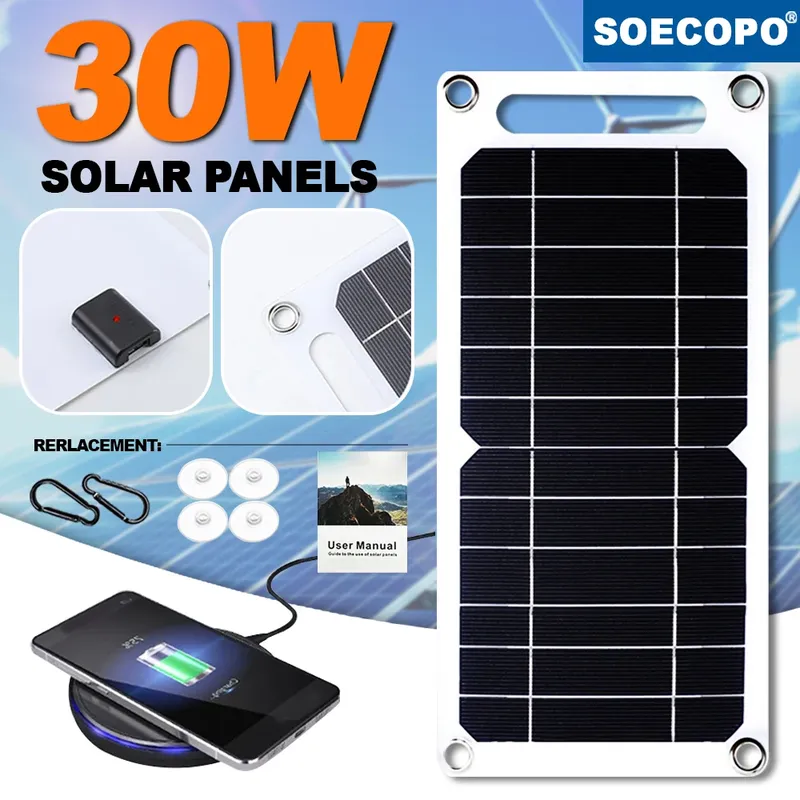 30W Sunpower Tragbares Solarpanel 5V Solarplatte mit USB-sicherem Stabilisator-Ladegerät für Powerbank-Telefon Outdoor Camping Home RV Geschenk