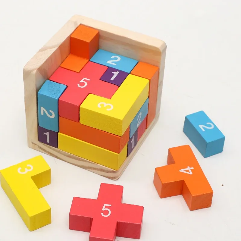 Bunte Holzblöcke-Puzzles, klassisches Luban-Schlosswürfel-3D-Puzzlespielzeug, geistiges Spiel für Kinder und Erwachsene