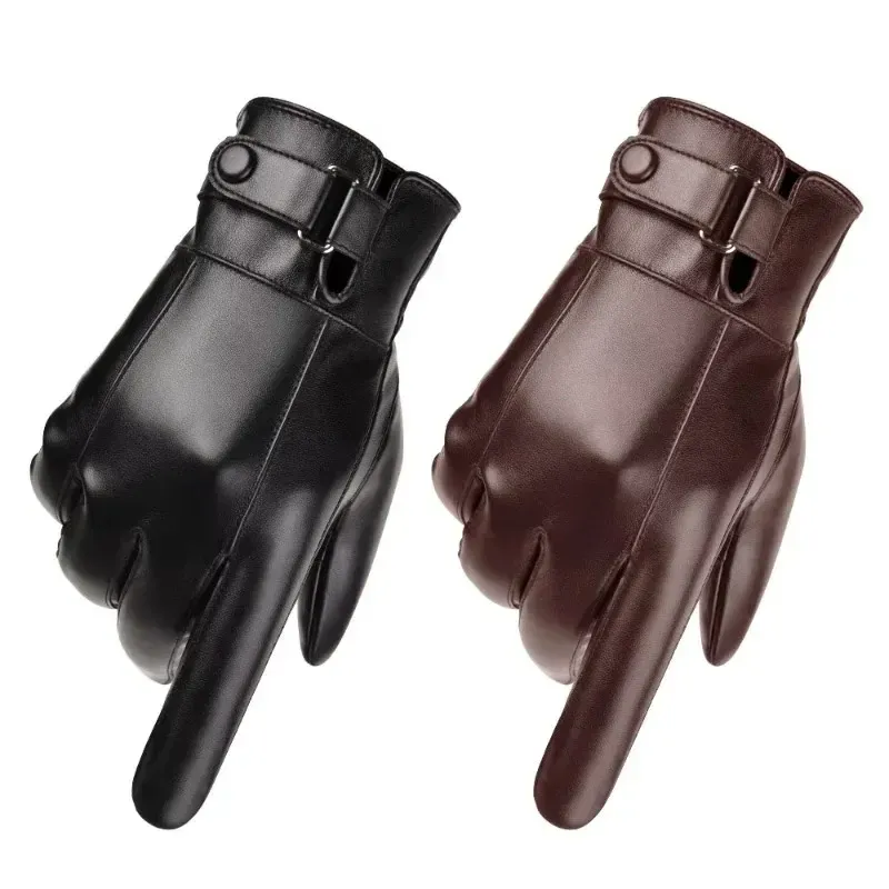 Winterhandschuhe für Herren, echtes Leder, warm, plus Samt, Touchscreen-Handschuhe, Outdoor, Radfahren, Fahren, Motorrad, PU-Handschuhe