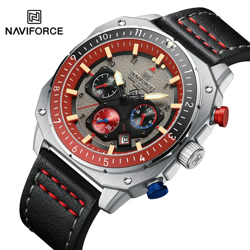 NAVIFORCE Sport-Multifunktions-wasserdichte Uhren für Herren, modisches Leder, Luxusmarke, Quarz, analog, leuchtend, quadratisch, Armbanduhr