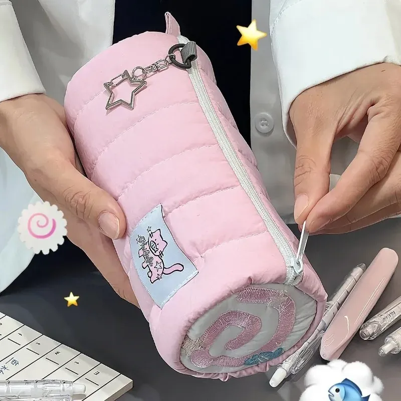 Rosa Handtuchrolle Federmäppchen Kawaii Soft Pen Aufbewahrungstasche Kosmetiktasche Cartoon Große Kapazität Student Schreibwaren Schulbedarf