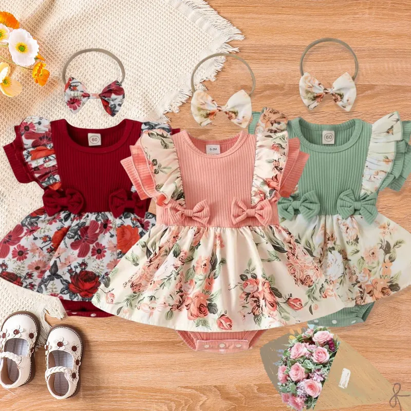 Sommer Baby Mädchen Kleid Mit Bowknot stirnband Gestreiften Overall Baumwolle Kleid Für Neugeborene Blumen Kleidung Baby Krabbeln Kleidung