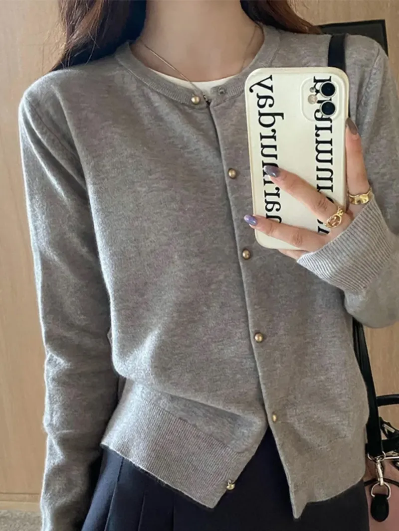Einfarbig Gestrickte für Frauen Strickjacke Koreanische Einreiher Langarm Jumper Frau Rundhals Alle Spiel Strickjacken Outwear