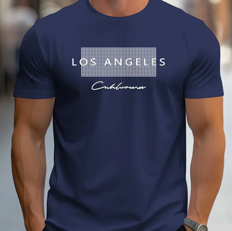 Herren-Sommer-T-Shirt mit lockerer Passform, groß, Los Angeles-Grafikdruck, schmale Passform, lässig, sportlich, Rundhalsausschnitt, kurzärmelig