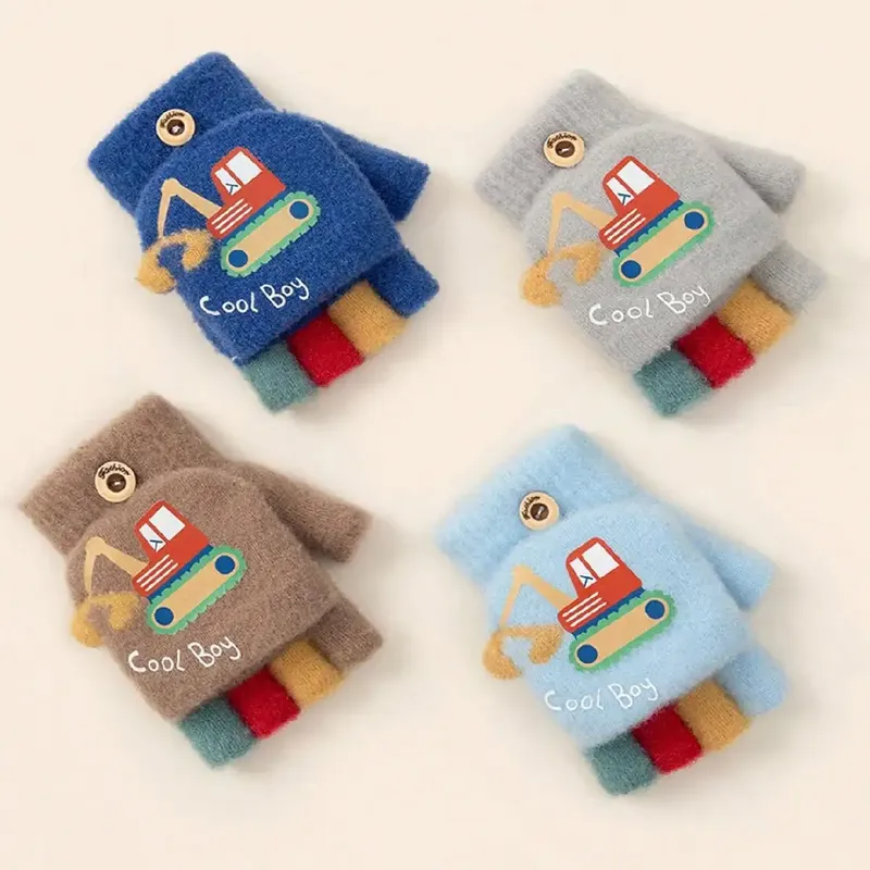 1 Paar Kinder Jungen Mädchen Cartoon Bagger Halbfinger Flip Cover Winter Warme Handschuhe, Kleinkind Outdoor Gestrickte Kältebeständige Fäustlinge