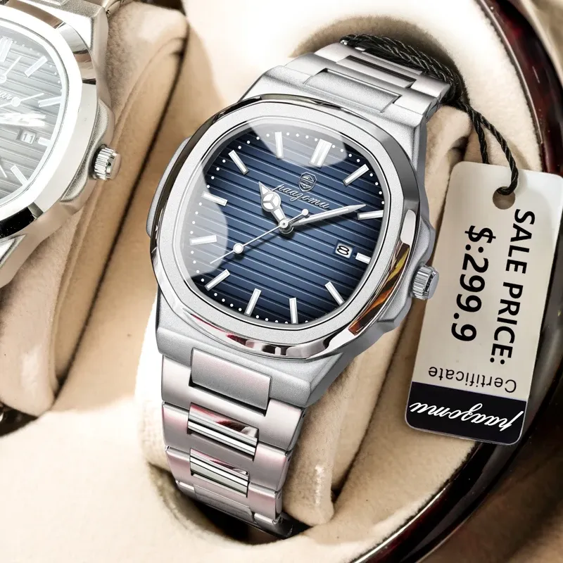 PAAZOMU Luxus-Armbanduhr Business 50 ATM Wasserdicht Herrenuhr Leuchtend Datum Edelstahl Quadratisch Quarz Männeruhren reloj hombre