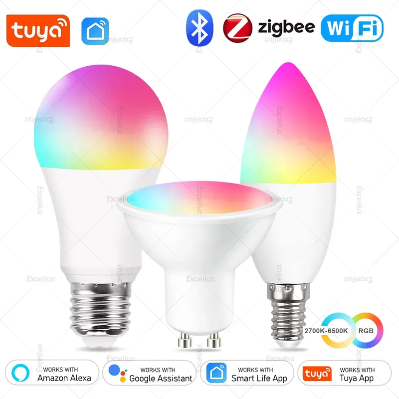 Tuya E27 E14 GU10 Glühbirne WiFi/Zigbee/Bluetooth, dimmbare LED-Lampen 2700–6500 K RGB, intelligente LED-Glühbirnen, Kerzenlampe, Strahler