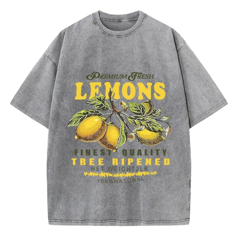 Sommer Frische Zitronen Drucke Gewaschen T-Shirts Frauen Baumwolle Übergroßen Oansatz Tops Straße Vintage Kurzarm Casual Frau Kleidung