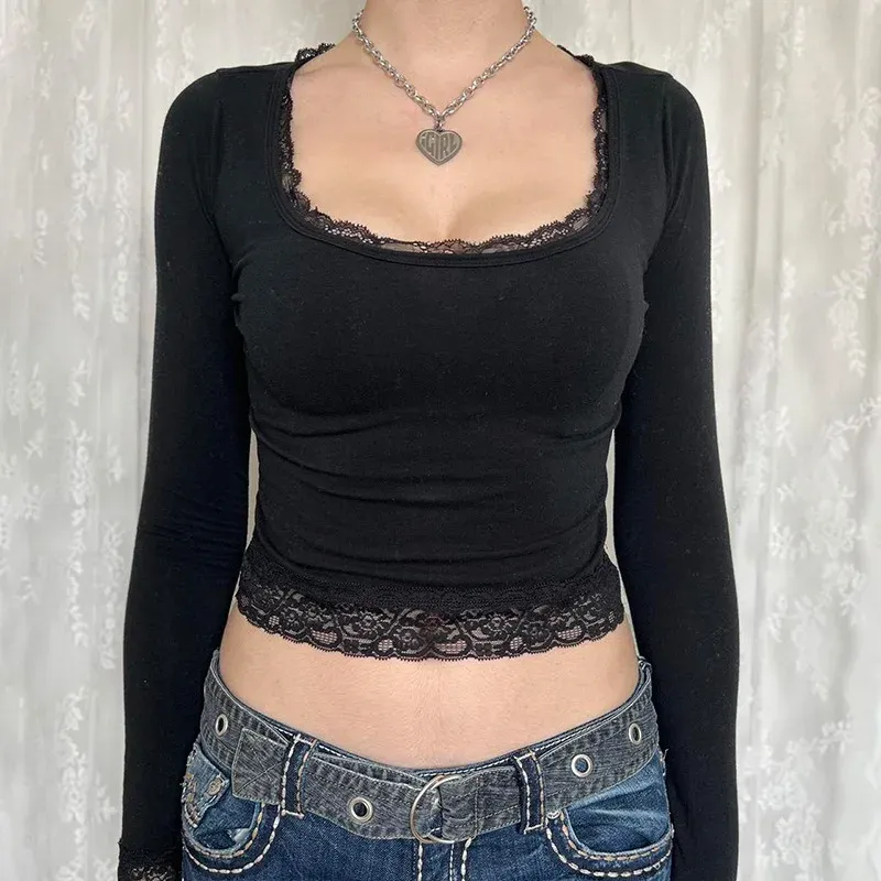 2000er Jahre Grafik T-Shirt Vintage Fairy Grunge Damen Herbst Spitzenbesatz Langarm Slim Fit Oberteile Y2K Kleidung Basic Harajuku T-Shirts