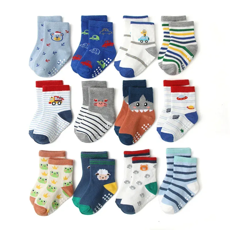 6 Paar rutschfeste Socken für Jungen und Kinder, niedliches Cartoon-Muster, atmungsaktiv, bequem, Kinder-Bodensocken für alle Jahreszeiten