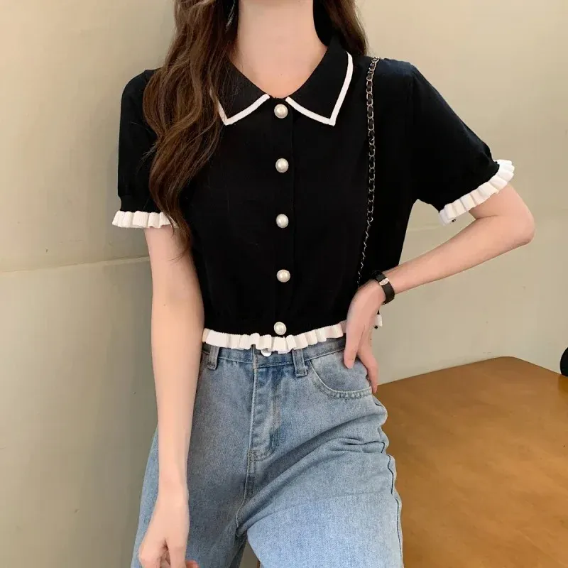 Süßes Damen-Shirt im koreanischen Stil, gestrickt, mit Umlegekragen, schick, kurzärmelig, Damenbluse, Sommer, Retro, schmal geschnitten, vielseitig kombinierbar, Damen-Crop-Top