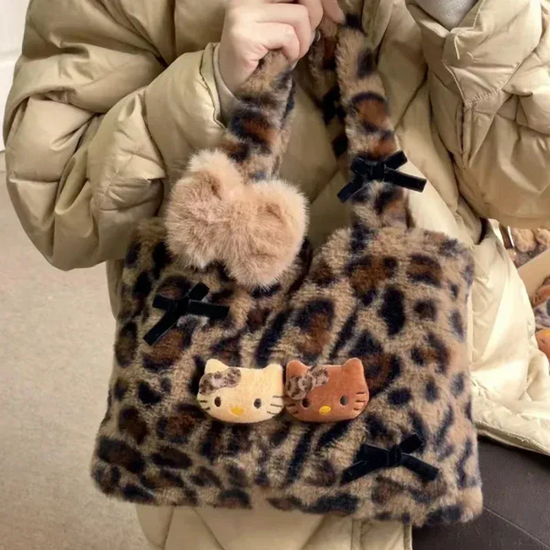 Hello Kitty Plüsch-Handtasche mit Leopardenmuster, modische, süße Handtasche für Mädchen, Umhängetasche, Achseltasche, leicht und langlebig, Geschenk für Mädchen