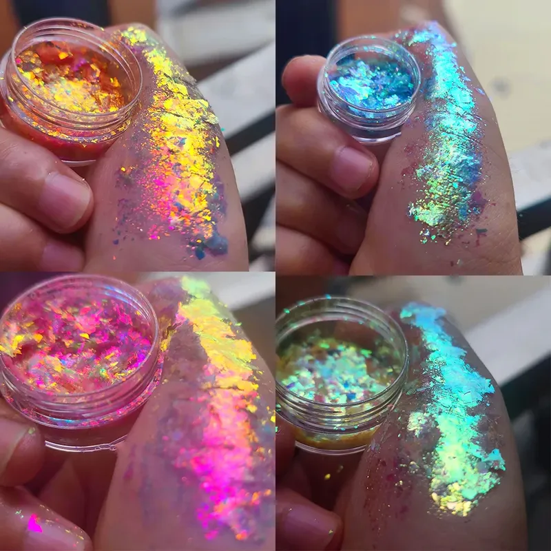 0,1 g/Glas Aurora Chameleon Nail Art Opal Flakes Holographic Magic Mirror Hochglanzpulver Schillernde Meerjungfrau Chrompigmentstaub